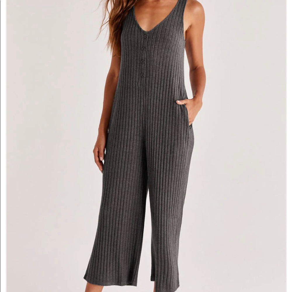 Z Supply Charcoal Ribbed Knit Jumpsuit